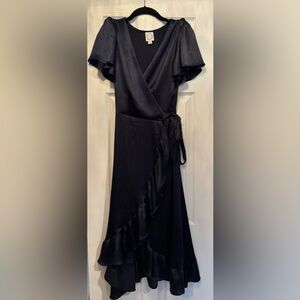 Blue Rain - Women's Navy Sateen Crepe Ruffle Trim Wrap Dress - Size M